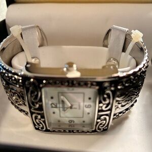 Gossip Silver Ornate Floral Cuff Watch with Mother-of-Pearl Dial
